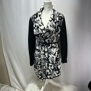 Madison Hill New York Black White Abstract Print Drape Cardigan Belted Size XL